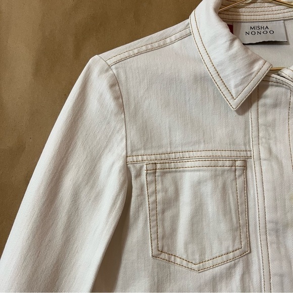 Misha Nonoo | Denim Crop Zip Up Jacket Collared White Contrast Stitching Size S - Picture 8 of 15